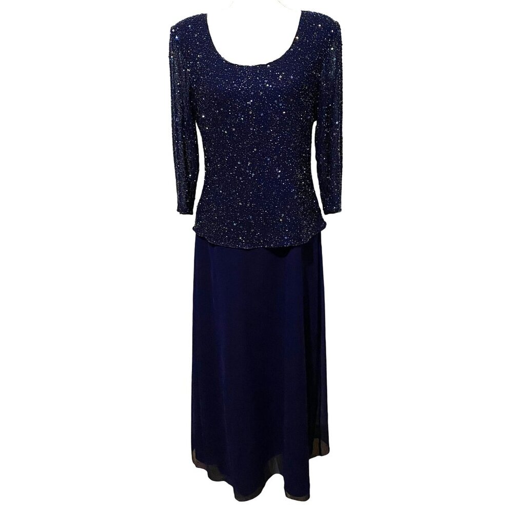 Vintage 80s Laurence Kazar Beaded Top Maxi Dress L Navy Blue Christmas Party NYE